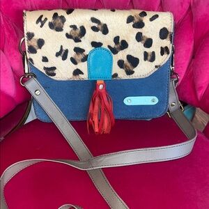 SORUKA Colorful Leather Leopard-Accent Crossbody Bag with Tassel